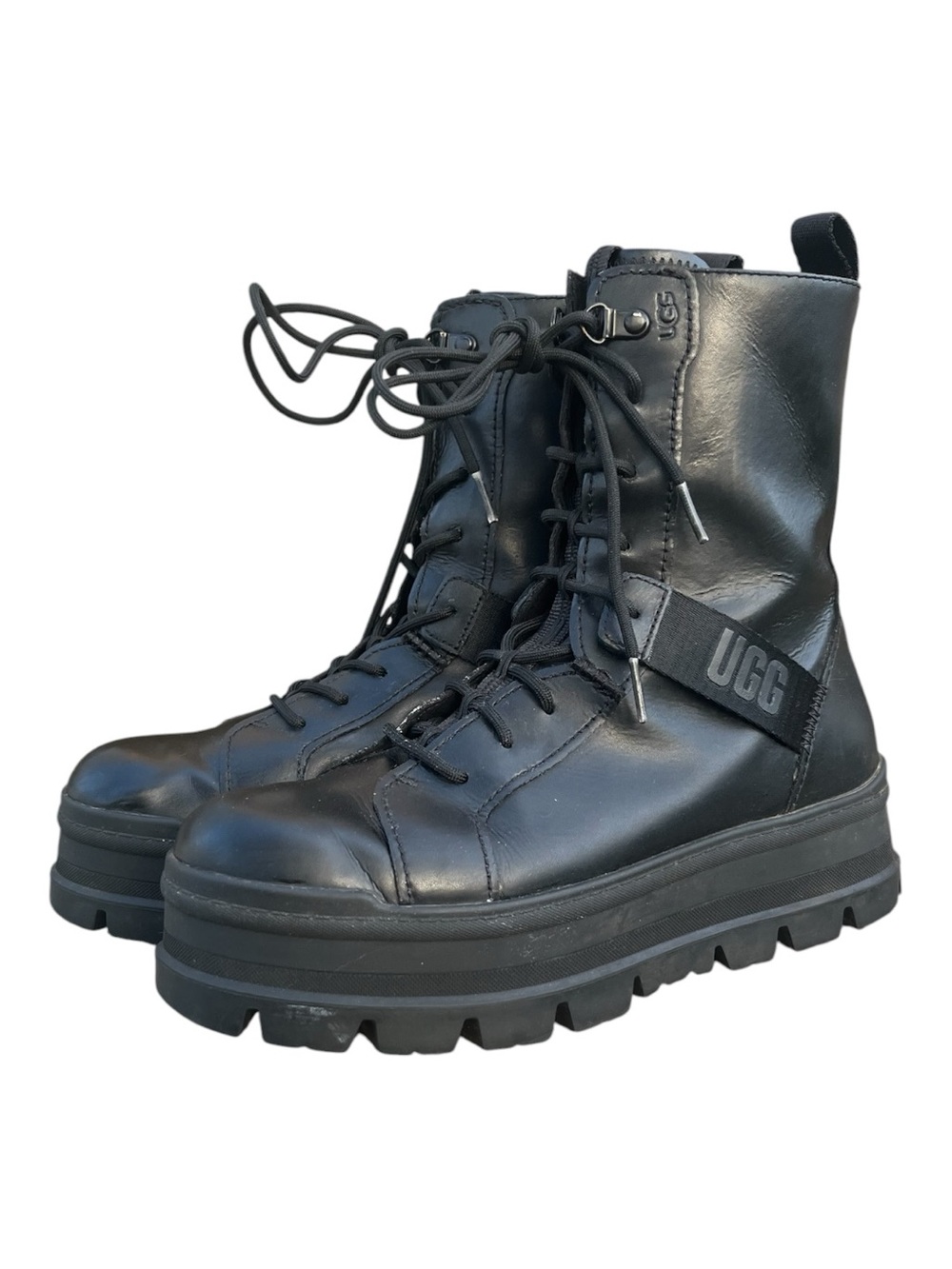 UGG Black Leather Lace-Up Platform Combat Boots Sheena Size 8 Womens